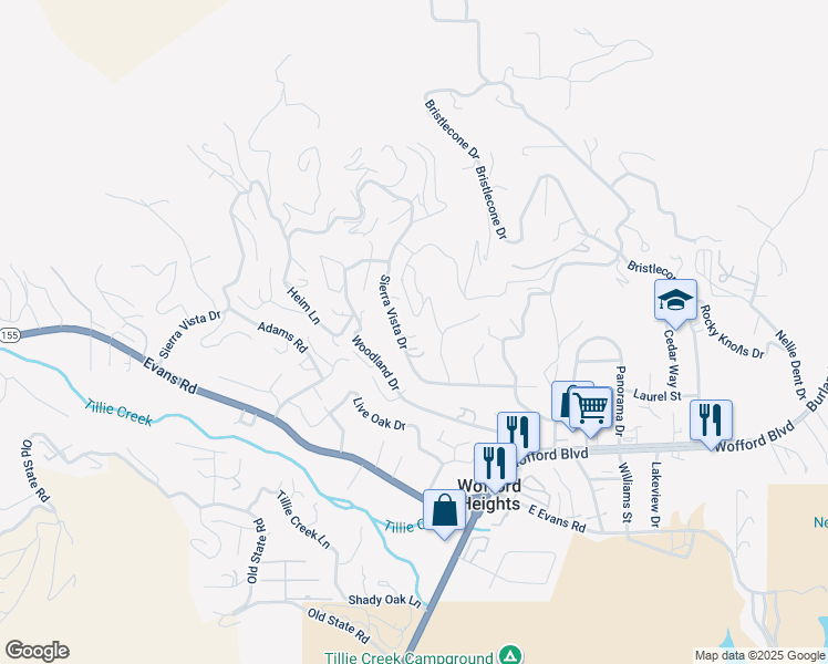 map of restaurants, bars, coffee shops, grocery stores, and more near 830 Sierra Vista Drive in Wofford Heights