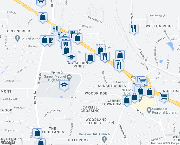 map of restaurants, bars, coffee shops, grocery stores, and more near 122 Shady Lawn Court in Garner