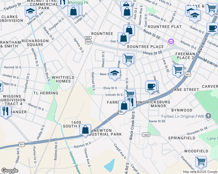 map of restaurants, bars, coffee shops, grocery stores, and more near 633 Elvie Street South in Wilson