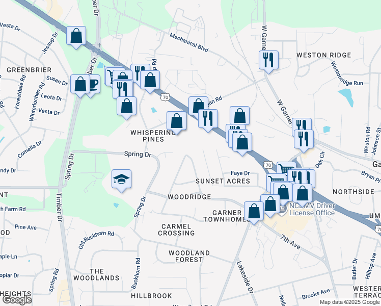map of restaurants, bars, coffee shops, grocery stores, and more near 1716 Foxwood Drive in Garner