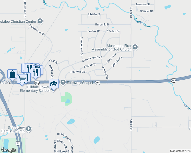 map of restaurants, bars, coffee shops, grocery stores, and more near 415 Trenton Road in Muskogee