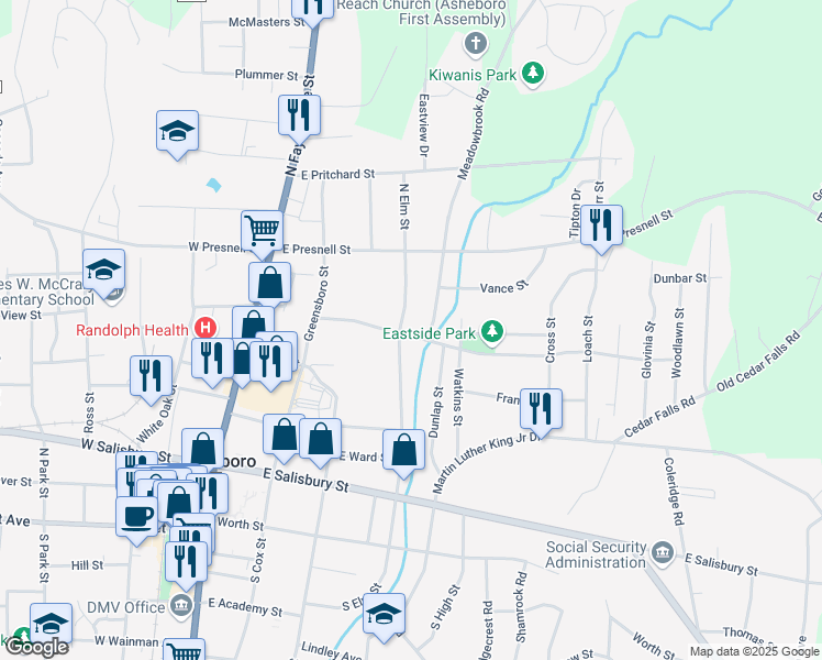 map of restaurants, bars, coffee shops, grocery stores, and more near 502N North Elm Street in Asheboro