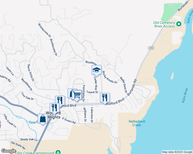 map of restaurants, bars, coffee shops, grocery stores, and more near 304 Cedar Way in Wofford Heights