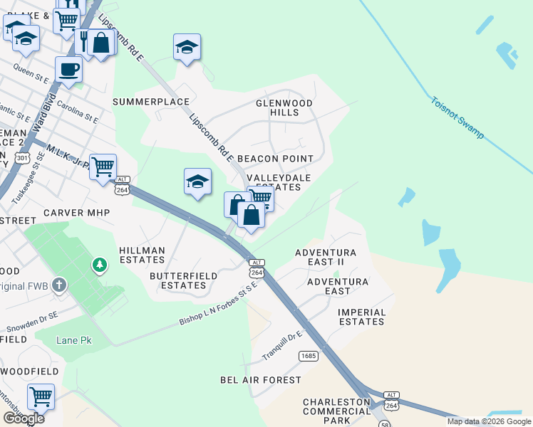 map of restaurants, bars, coffee shops, grocery stores, and more near 2021 Lipscomb Road East in Wilson