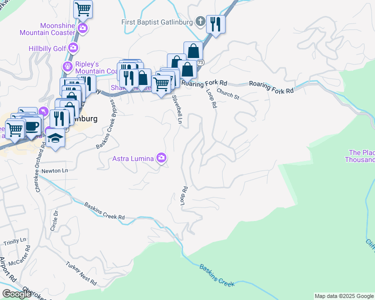 map of restaurants, bars, coffee shops, grocery stores, and more near 443 Loop Road in Gatlinburg