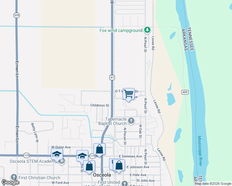 map of restaurants, bars, coffee shops, grocery stores, and more near 104 O T Williams Drive in Osceola