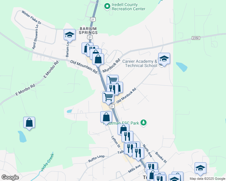 map of restaurants, bars, coffee shops, grocery stores, and more near 520 North Main Street in Troutman