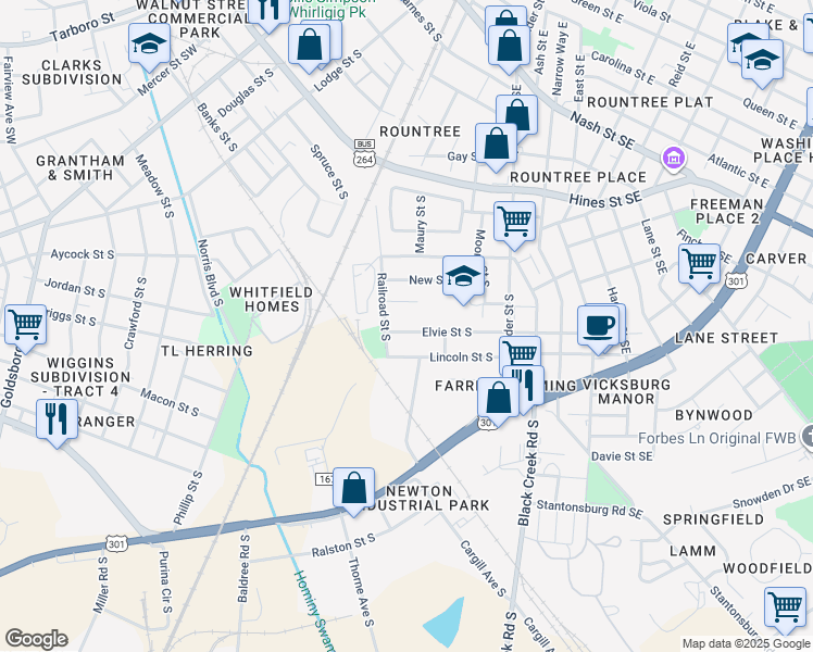 map of restaurants, bars, coffee shops, grocery stores, and more near 611 Elvie Street South in Wilson