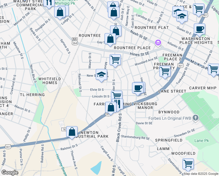 map of restaurants, bars, coffee shops, grocery stores, and more near 715 Elvie Street South in Wilson