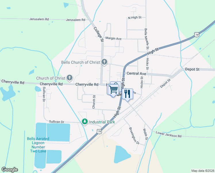 map of restaurants, bars, coffee shops, grocery stores, and more near 153 Main Street in Bells