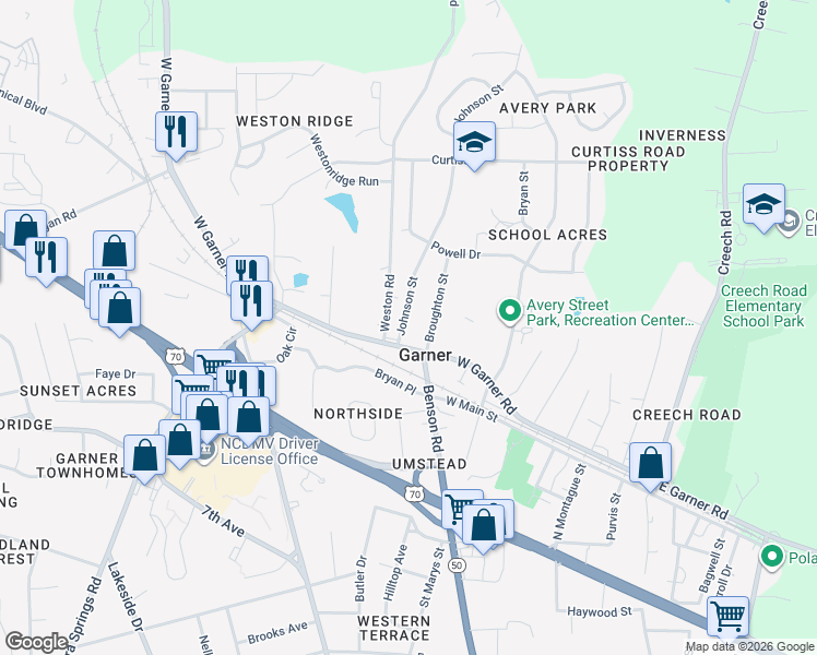 map of restaurants, bars, coffee shops, grocery stores, and more near 104 Johnson Street in Garner