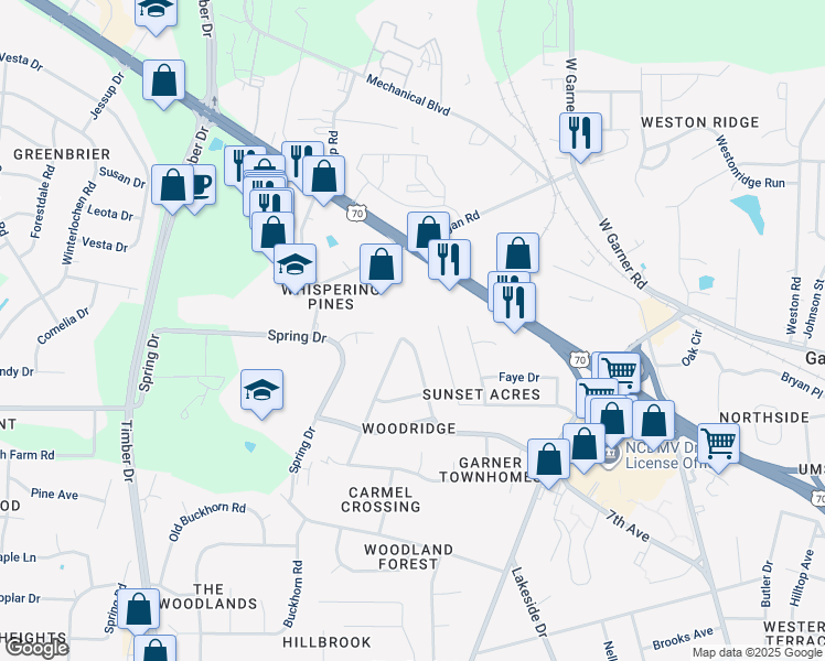 map of restaurants, bars, coffee shops, grocery stores, and more near 1716 Foxwood Drive in Garner