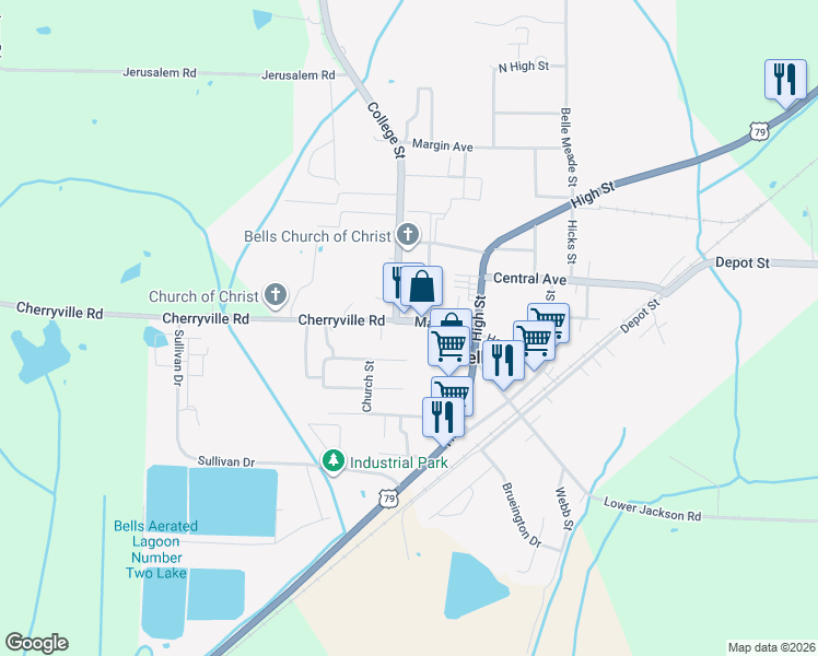 map of restaurants, bars, coffee shops, grocery stores, and more near 153 Main Street in Bells