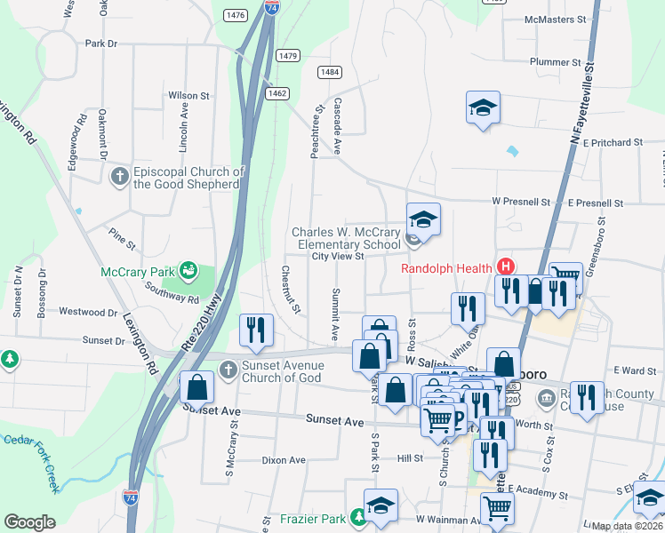 map of restaurants, bars, coffee shops, grocery stores, and more near 347 Summit Avenue in Asheboro