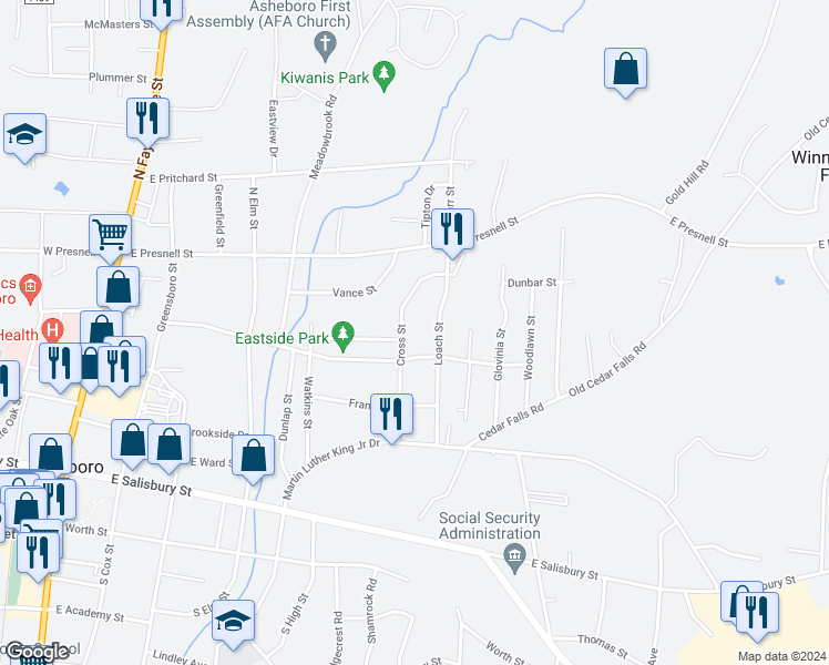 map of restaurants, bars, coffee shops, grocery stores, and more near 510 Cross Street in Asheboro