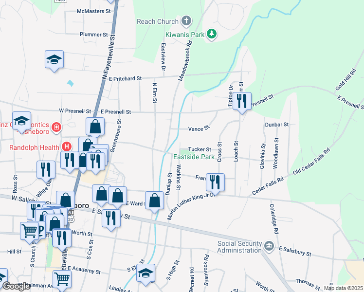 map of restaurants, bars, coffee shops, grocery stores, and more near 603 Tucker Street in Asheboro