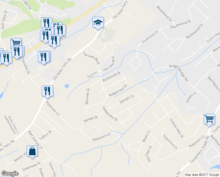 map of restaurants, bars, coffee shops, grocery stores, and more near 2232 Ridgecrest Drive in Maryville