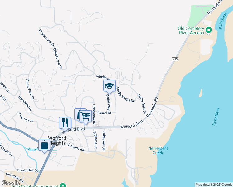 map of restaurants, bars, coffee shops, grocery stores, and more near 308 Bristlecone Drive in Wofford Heights