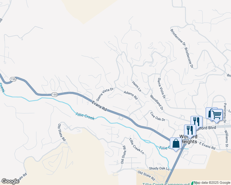 map of restaurants, bars, coffee shops, grocery stores, and more near 31 Knob Hill Drive in Wofford Heights