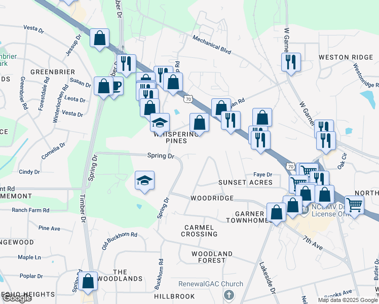 map of restaurants, bars, coffee shops, grocery stores, and more near 117 Shady Lawn Court in Garner