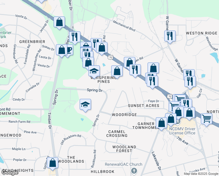 map of restaurants, bars, coffee shops, grocery stores, and more near 115 Shady Lawn Court in Garner