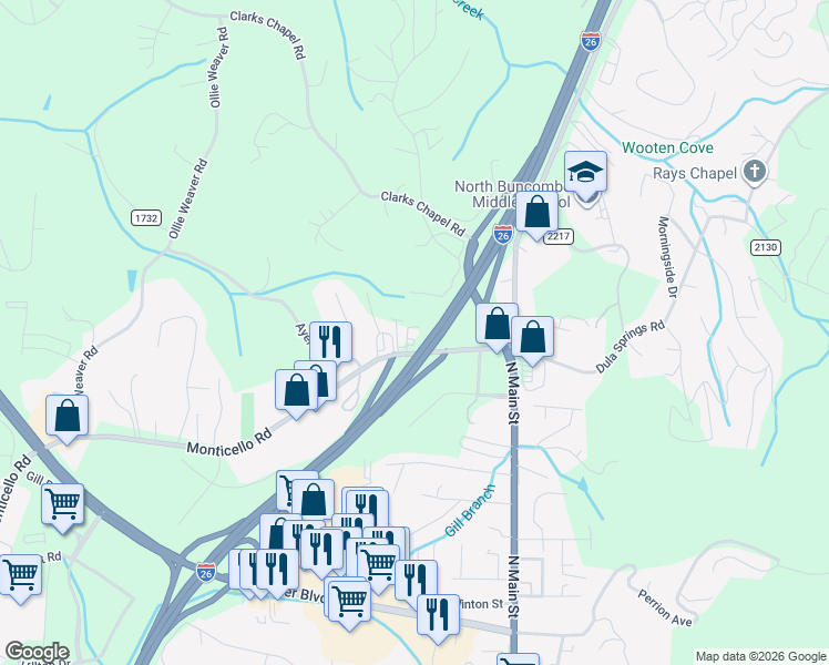 map of restaurants, bars, coffee shops, grocery stores, and more near 29 Monticello Road in Weaverville