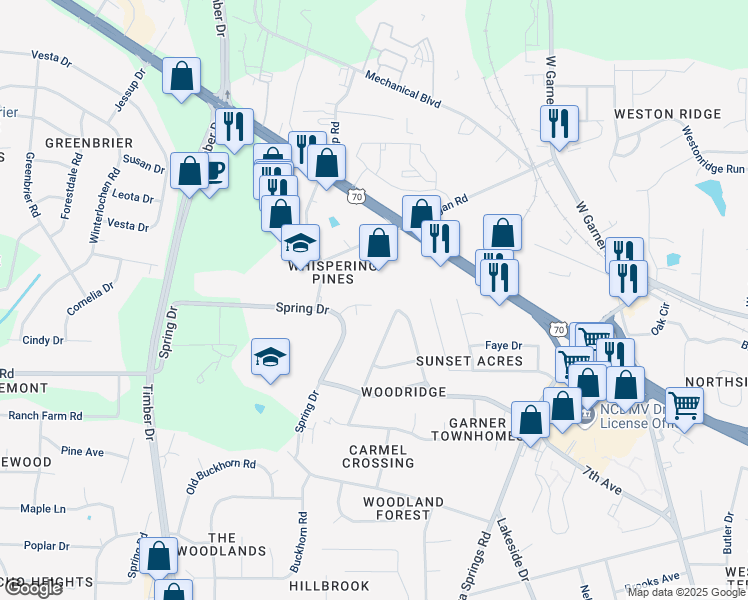 map of restaurants, bars, coffee shops, grocery stores, and more near 121 Shady Lawn Court in Garner
