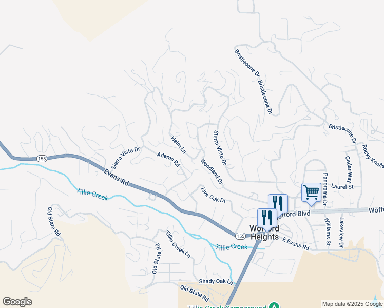 map of restaurants, bars, coffee shops, grocery stores, and more near 50 Heim Lane in Wofford Heights