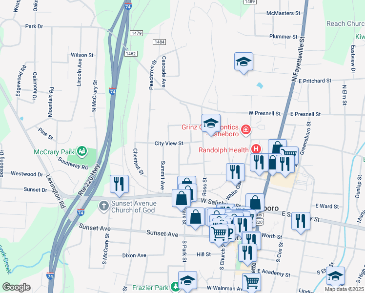 map of restaurants, bars, coffee shops, grocery stores, and more near 381N Englewood Drive in Asheboro
