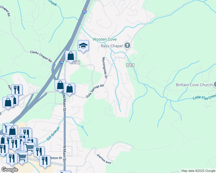 map of restaurants, bars, coffee shops, grocery stores, and more near 16 Deep Woods Road in Weaverville