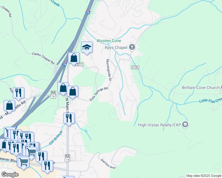 map of restaurants, bars, coffee shops, grocery stores, and more near 10 Deep Woods Road in Weaverville
