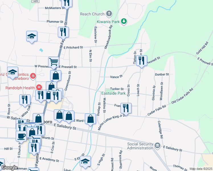 map of restaurants, bars, coffee shops, grocery stores, and more near 603 Tucker Street in Asheboro