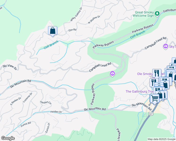 map of restaurants, bars, coffee shops, grocery stores, and more near 962 Cottage Gardens Way in Gatlinburg
