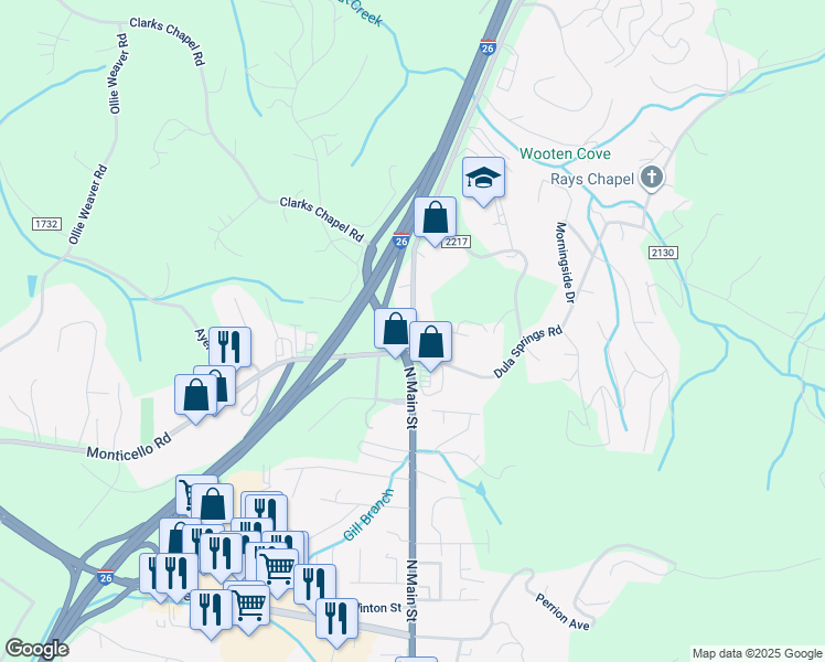 map of restaurants, bars, coffee shops, grocery stores, and more near North Buncombe School Road in Weaverville