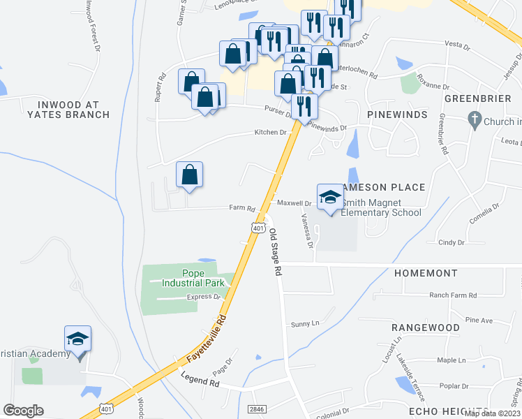 map of restaurants, bars, coffee shops, grocery stores, and more near 1110 Farm Road in Raleigh