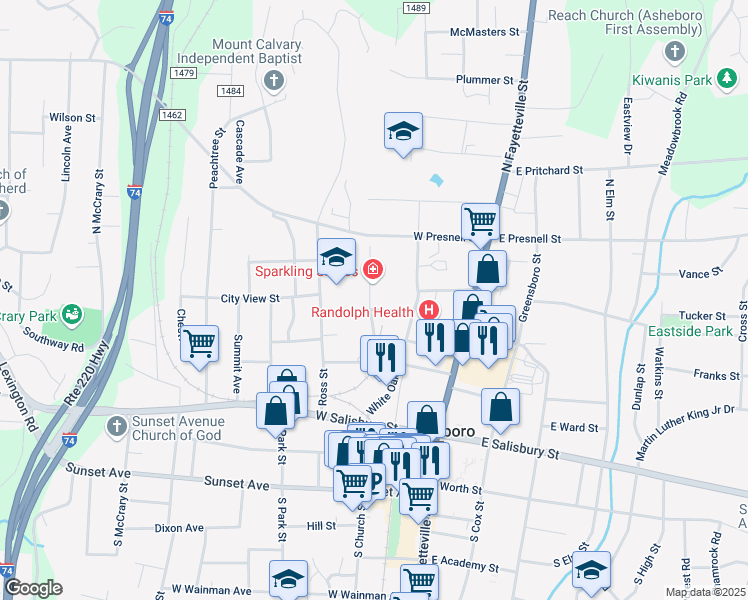 map of restaurants, bars, coffee shops, grocery stores, and more near 230 Foust Street in Asheboro