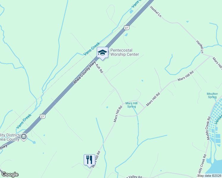 map of restaurants, bars, coffee shops, grocery stores, and more near 161 Richie Cagle Lane in Spring City