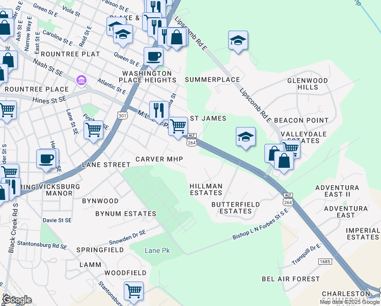 map of restaurants, bars, coffee shops, grocery stores, and more near 1800 Martin Luther King Jr Pkwy SE in Wilson