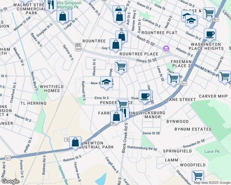 map of restaurants, bars, coffee shops, grocery stores, and more near 715 Elvie Street South in Wilson