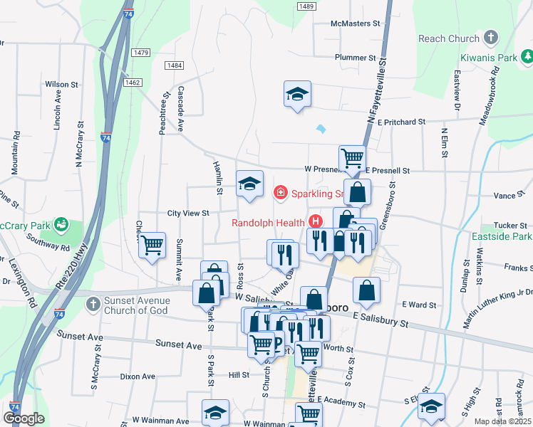 map of restaurants, bars, coffee shops, grocery stores, and more near 230 Foust Street in Asheboro