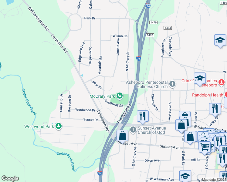 map of restaurants, bars, coffee shops, grocery stores, and more near 1 Southway Road in Asheboro