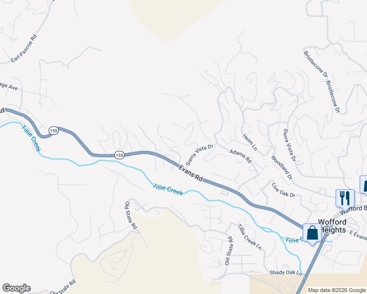 map of restaurants, bars, coffee shops, grocery stores, and more near 103 Mardella Drive in Wofford Heights