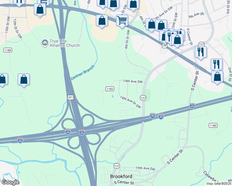 map of restaurants, bars, coffee shops, grocery stores, and more near 355 14th Avenue Southeast in Hickory