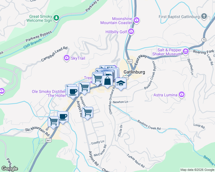 map of restaurants, bars, coffee shops, grocery stores, and more near 634 Parkway in Gatlinburg