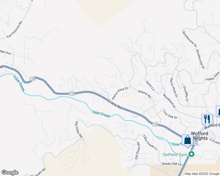 map of restaurants, bars, coffee shops, grocery stores, and more near 103 Mardella Drive in Wofford Heights