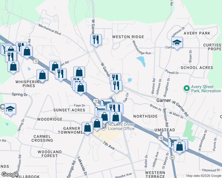 map of restaurants, bars, coffee shops, grocery stores, and more near 202 Vandora Springs Road in Garner