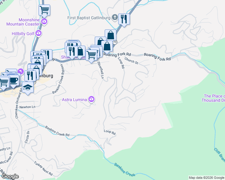 map of restaurants, bars, coffee shops, grocery stores, and more near 421 Forrest Springs Drive in Gatlinburg