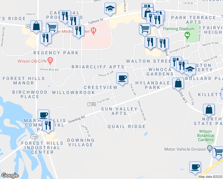 map of restaurants, bars, coffee shops, grocery stores, and more near 698 Crestview Avenue Southwest in Wilson