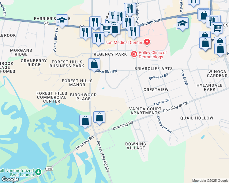 map of restaurants, bars, coffee shops, grocery stores, and more near 2507 Saint Christopher Circle Southwest in Wilson