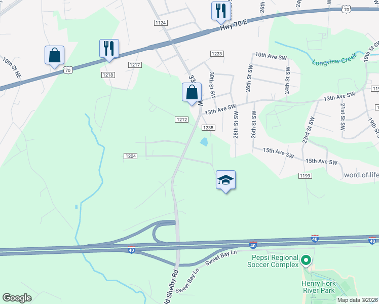 map of restaurants, bars, coffee shops, grocery stores, and more near 3249 15th Avenue Southwest in Hickory